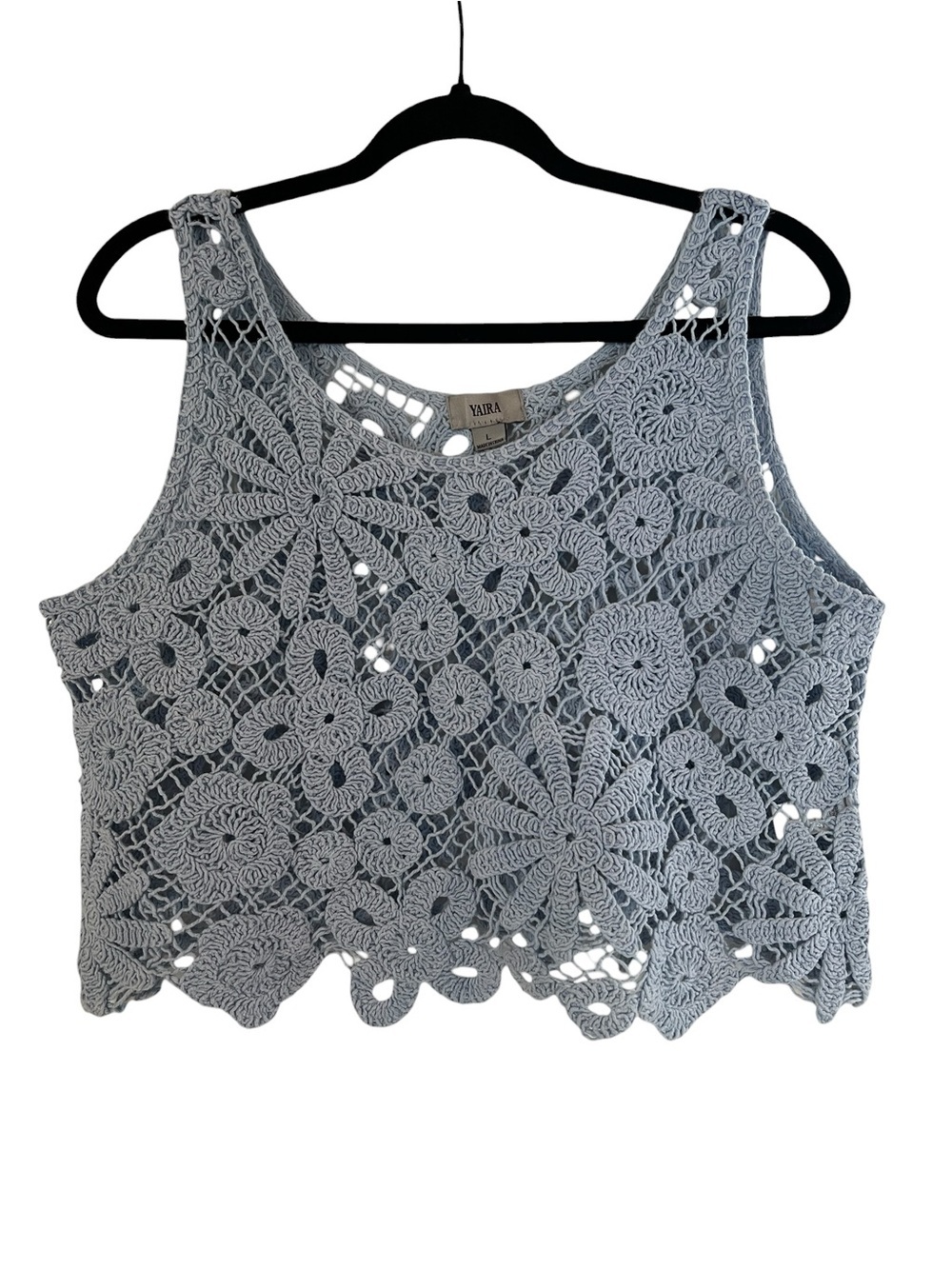 Yaira Baby Blue 100% Cotton Floral Crochet Boho Coastal Casual Tank Top- L